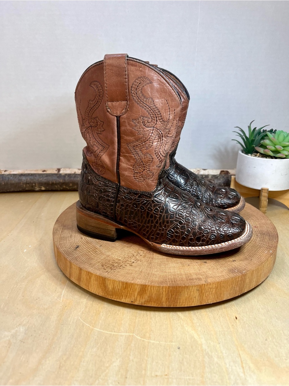 Tanner Mark Kid's Gator Print Square Toe Boots In Boone Size 13